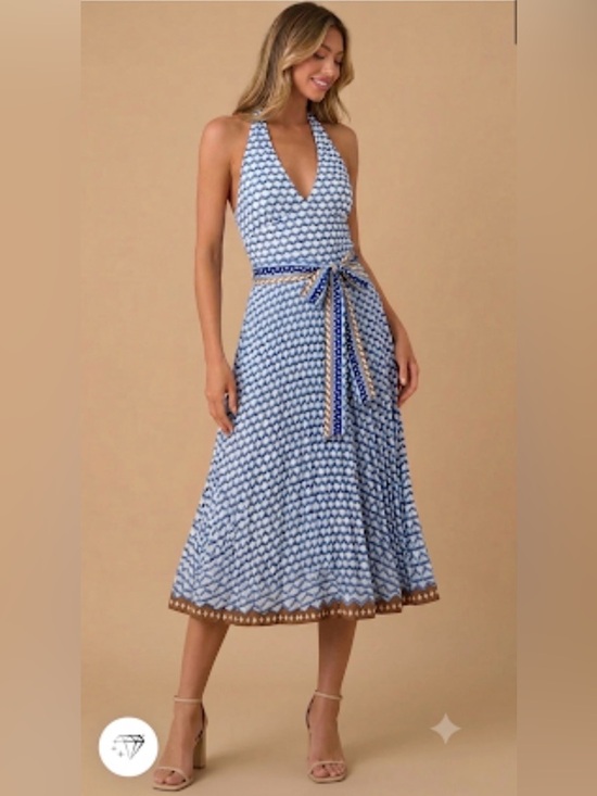 le superbe Dresses & Skirts - Le Superbe Halter Pleated Maxi Dress Belted In Santorini Dream (White & Blue) M